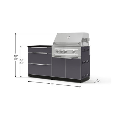 Ensemble de cuisine extérieure en aluminium gris ardoise, composé de 4 éléments : armoire à 3 tiroirs, armoire à barbecue, barbecue au propane liquide Platinum de 84 cm et comptoir en pierre reconstituée noire de 81 cm.