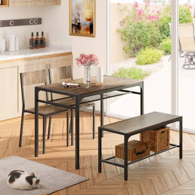 Tamajah 4-Piece 4-Person Rectangular Dining Set with 2 Chairs, Bench and Storage Shelves