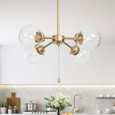 4-Light Gold Semi Flush Mount Globe Glass With 6 x 10" Height Adjustable Rods, Chain Switch