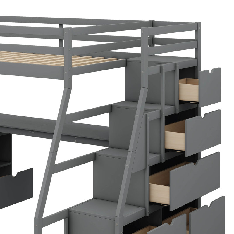 Full-Size Raised Bed Featuring 7 Drawers, 2 Display Shelves, And A Work Desk, Gray, Full