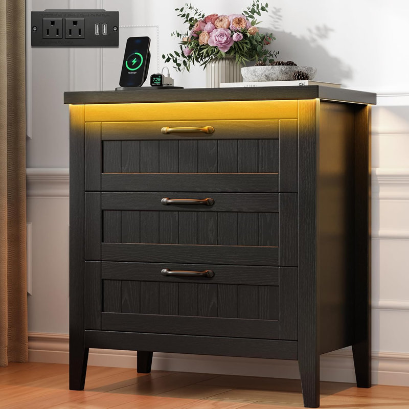 Commode à tiroirs Farmhouse avec station de charge et lumières DEL, commode de chambre mince en bois, Noir
