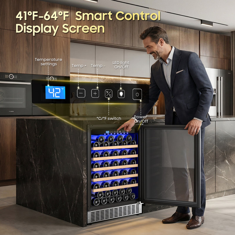 24 Inch Wine Fridge 54 Bottle Wine Cooler Refrigerator Freestanding/Built in, Compressor 4.9Cu.Ft Wine Cooler w/Lock & LED Display, 41℉-64℉ Digital Control Fridge, Housewarming Gifts for Wine Lovers