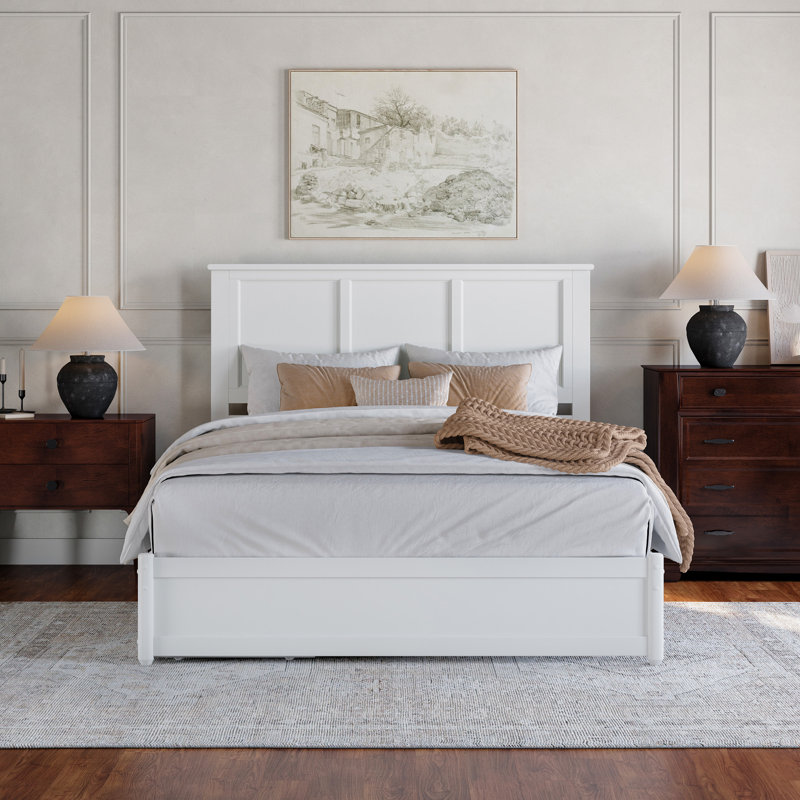 Ashante Solid Wood Storage Platform Bed with Footboard & Under Bed Drawers, Queen, White