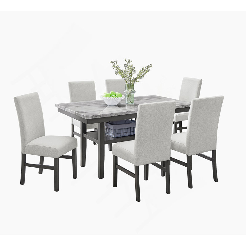 Ensemble de salle à manger rectangulaire 7 pièces avec plateau en faux marbre gris, 6 chaises rembourrées et tablette de rangement pour la salle à manger et la cuisine Collection