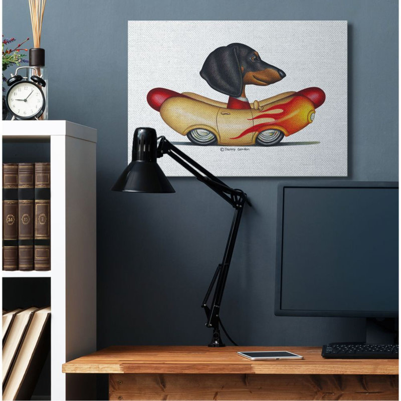 «Dachshund in Weenie Mobile Playful Car Illustration» par Danny Gordan - impression d'art graphique, Toile tendue