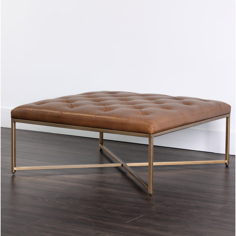 Endall Square Leather Ottoman, Marseille Camel Top Grain Genuine Leather