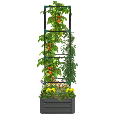 Galvanized Raised Garden Bed, Outdoor Planter Box with Trellis Tomato Cage and Open Bottom for Climbing Vines