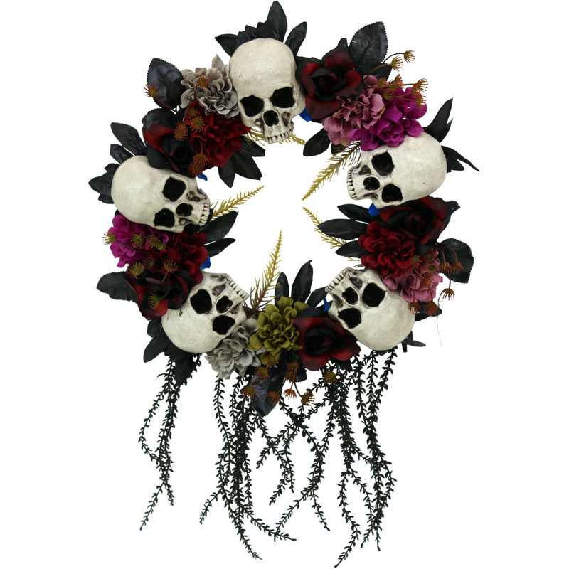 Haunted Hill Farm 24 In. Halloween Hanging Wreath with Skulls, Fall Flowers, and Vines