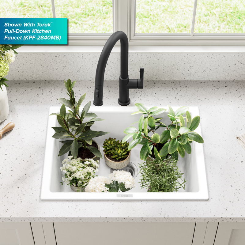 KRAUS Quarza 24” Granite Drop In / Undermount Single Bowl White Kitchen Sink, Single Bowl, 24"