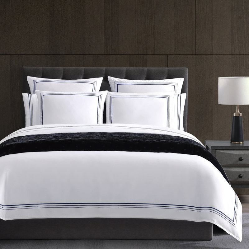 Border Embroidery 100% Cotton Modern Contemporary 3 Piece Duvet Cover Set, Navy Blue, Twin Duvet Cover Set + 1 Standard Sham