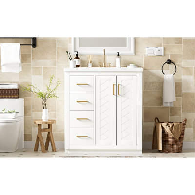 Armoire de salle de bain 30 po en céramique - meuble-lavabo en bois massif avec beaucoup d'espace pour les accessoires