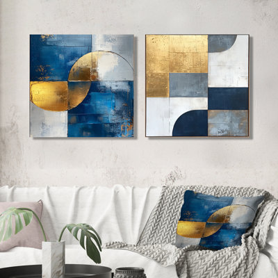 Motif géométrique bleu doré et gris Pure Form III - art mural géométrique - toile d'art moderne 2 pièces