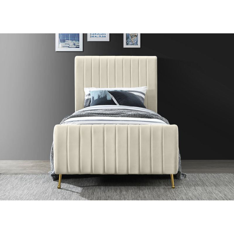 Tufted Upholstered Low Profile Platform Bed, Cream Velvet, Twin