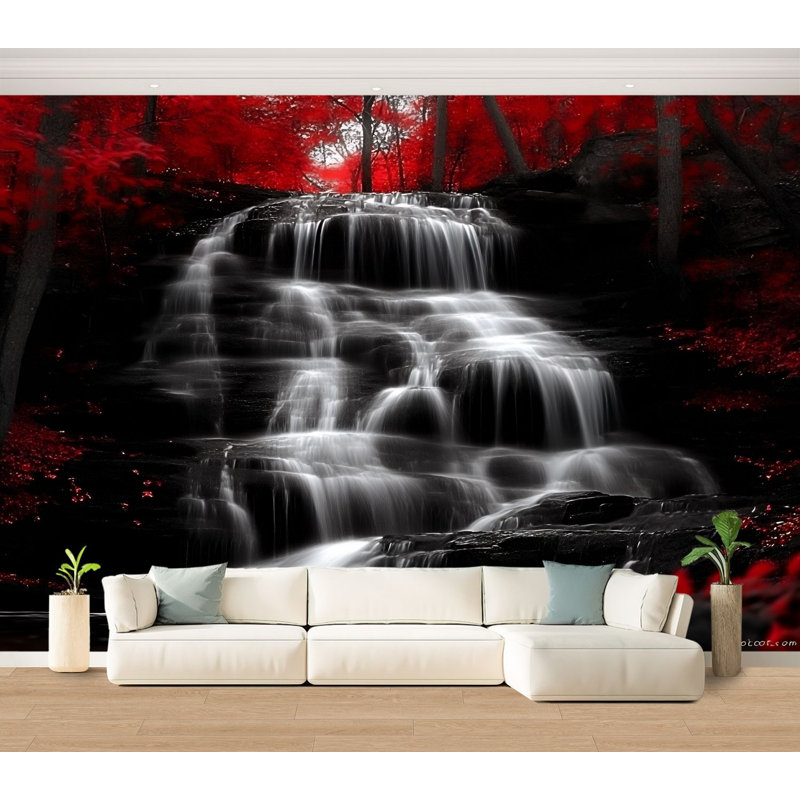 Papier peint adhésif noir et blanc avec cascade de bois et feuilles de forêt, L 100 po x l 144 po