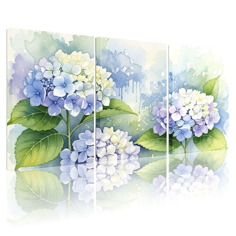 «Hydrangea», impression sur toile tendue à l'aquarelle sur toile, ensemble de 3, H 36 po x l 72 po