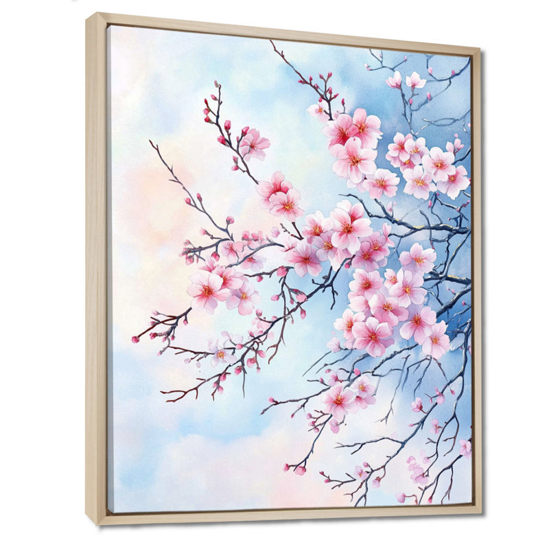 Art mural fleur de cerisier, toile florale rose, branches de cerisier délicates, H 20 po x l 12 po, Cadre naturel flottant