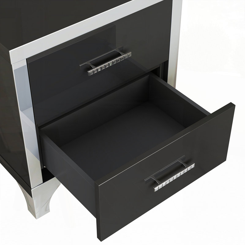 Table de chevet élégante à miroir avec 2 tiroirs, Noir