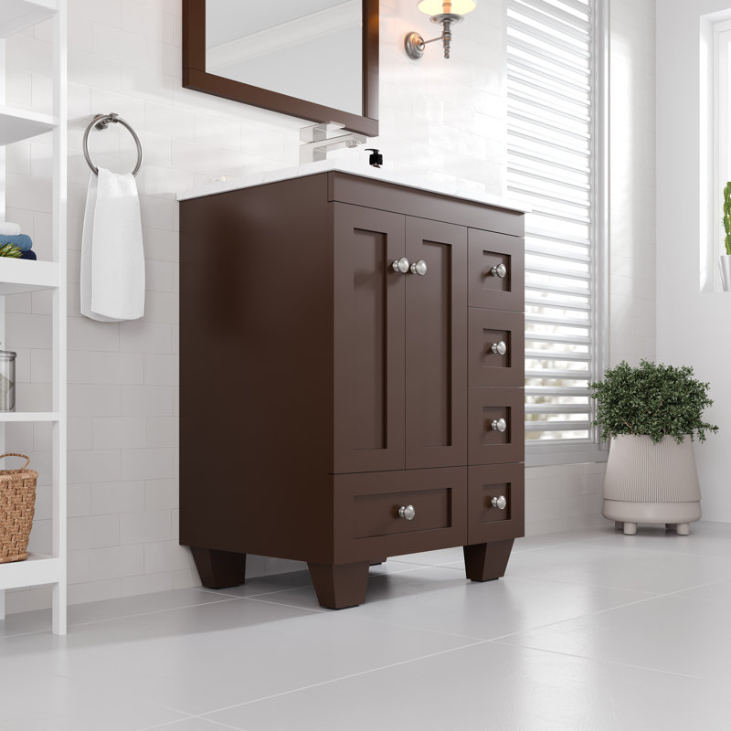 Yena 24 In. Single Sink Bath Vanity With Carrara Quartz Top And Undermount Porcelain Sink, Brown