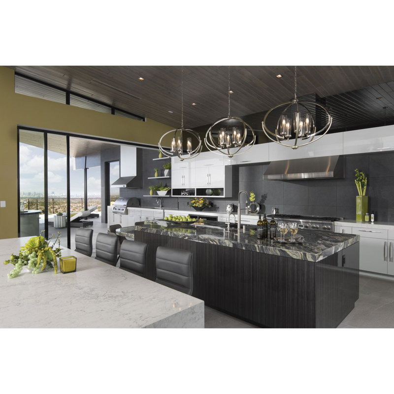 5 - Light Dimmable Geometric Chandelier, Polished Nickel