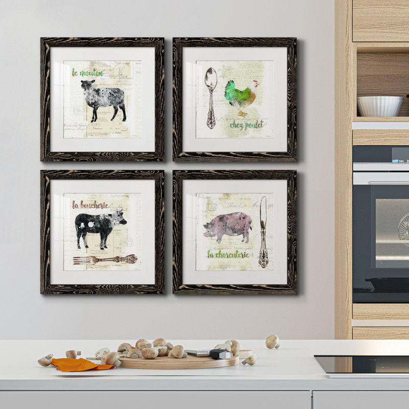 Golden Cuisine Sheep - Ensemble de 4 impressions sur toile encadrées, H 27,5 po x l 110 po x P 1,5 po, Cadre noir