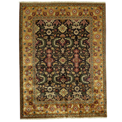 Tapis noir / or / olive noué à la main de conception unique 9 pi 2 po x 12 pi