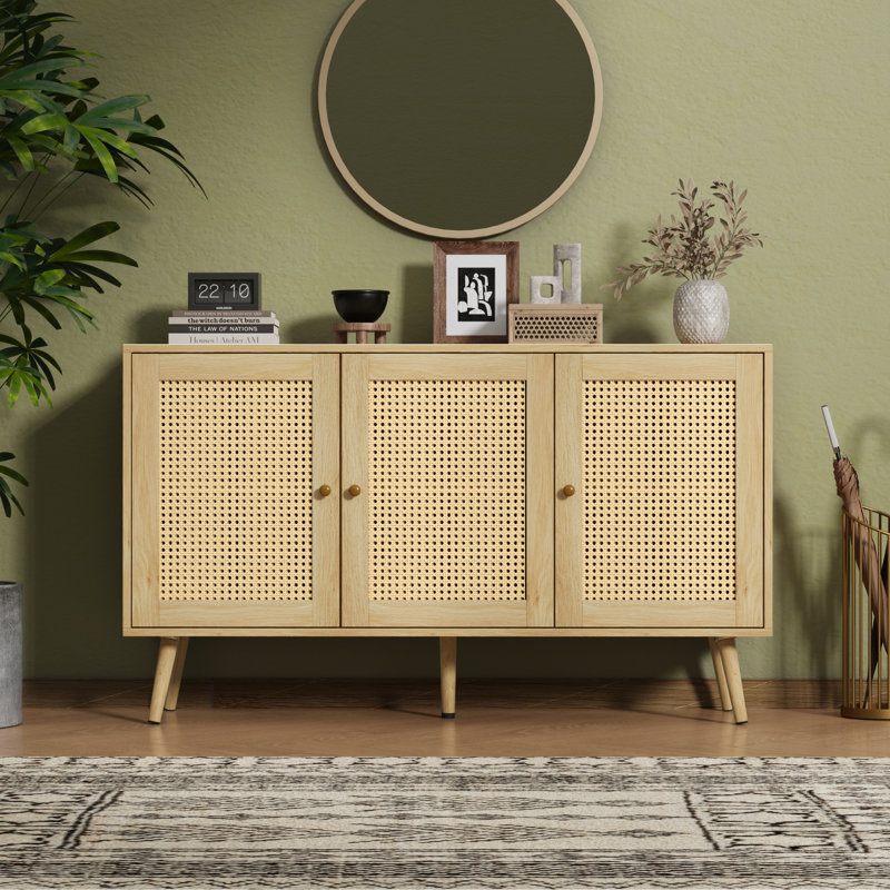 Rattan Storage Cabinet with 3 Doors, Boho Sideboard Buffet Cabinet  Wood Farmhouse Credenza Cabinet with Adjustable Shelves for Living Room Kitchen Entryway Hallway