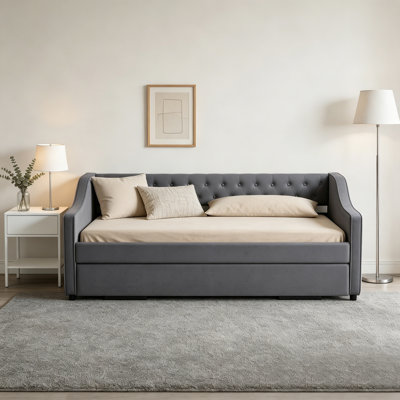 Modern Tufted Velvet Upholstered Twin Size Daybed with Pop Up Trundle Bed, with Storage Pockets and Charging Station