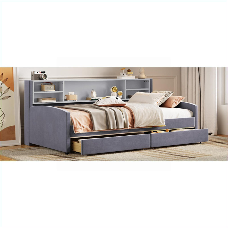 Lit plateforme tapissier en velours avec tiroirs sous le lit et rangement latéral intégré pour la chambre à coucher, gris froid