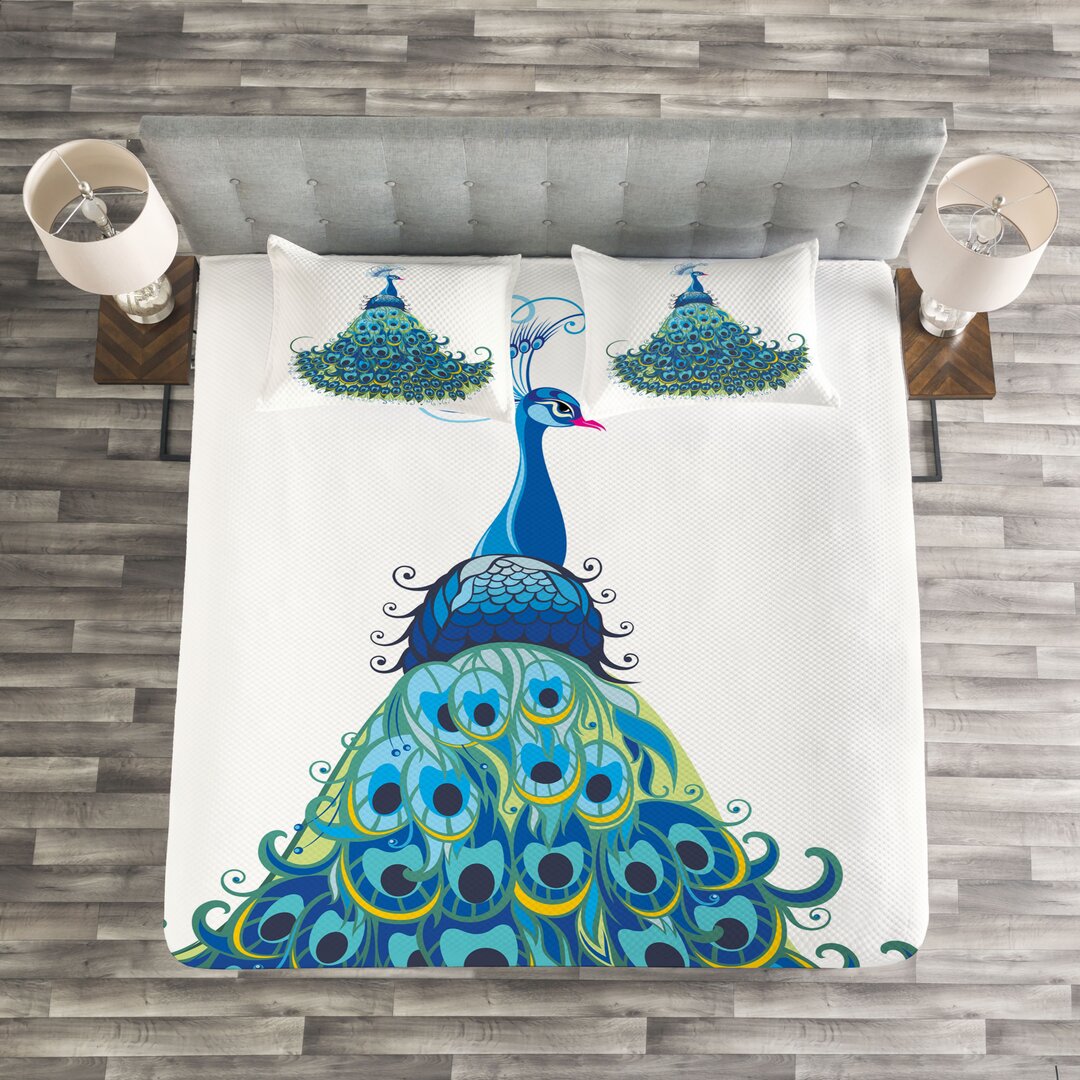 Tagesdecke Set, Klassische Blumen, Pfau, Blau Gelb