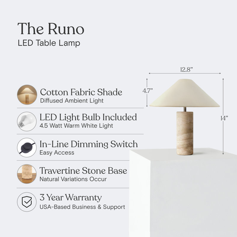 Runo 14 In. Modern Led Table Lamp With Fabric Drum Shade, Natural Travertine Stone Base, Stone, Cream