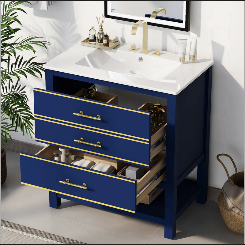 Armoire de meuble-lavabo moderne 30 po avec deux tiroirs, Bleu