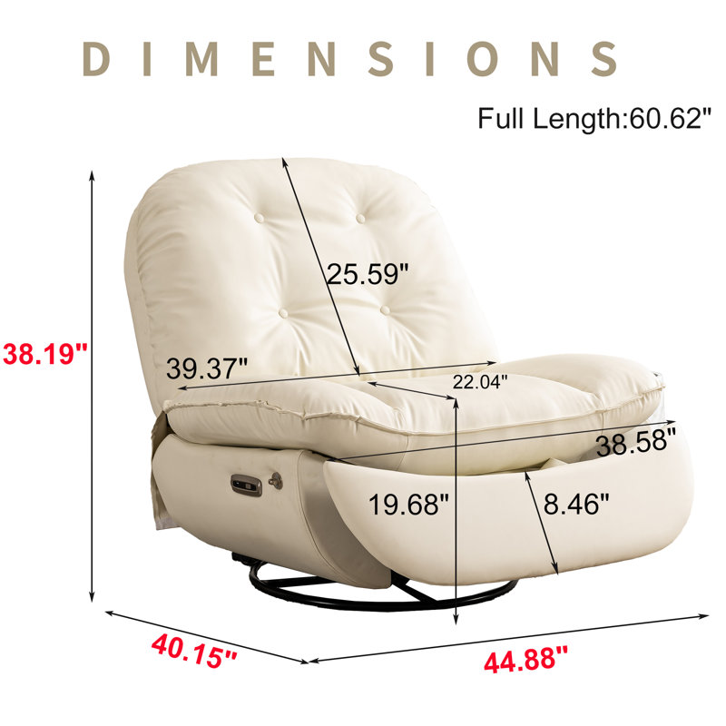 Betzabe Oversize 44.8" W Faux Leather Power Recliner, Voice Control, USB, Bluetooth, 270° Swivel, Cream Faux Leather