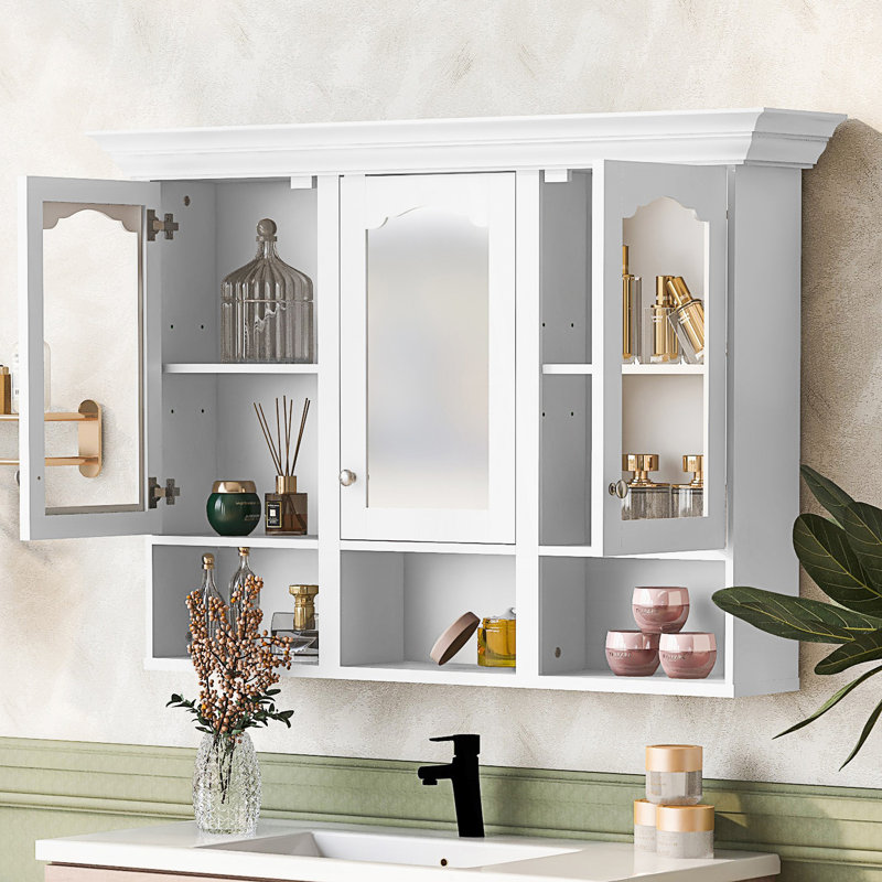 Armoire de salle de bain murale avec miroir, armoire avec 3 tablettes réglables et 3 compartiments ouverts, armoire d'appoint