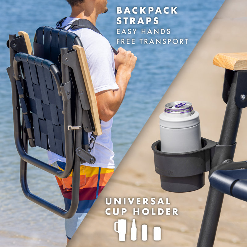 Navy Woven Aluminum Beach and Camping Chair with Hardwood Arms