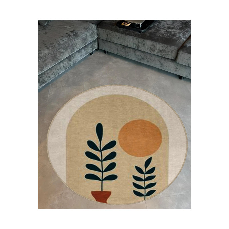 Beige Themed Abstract Geometric And Plant Patterned Round Woven Base Modern Decorative Carpet, Round 3'4"