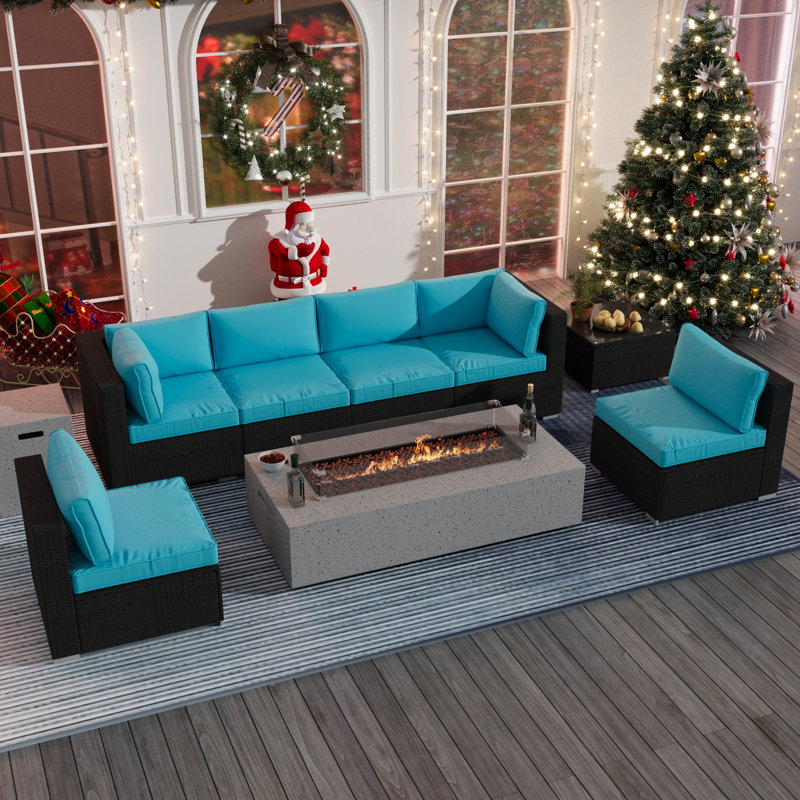 6 - Person Outdoor Seating Group with Cushions and Fire Pit Table, Blue/Black