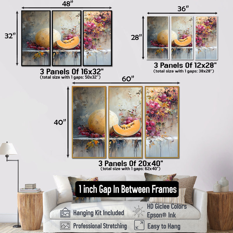 Ensemble de salon Melon dans des tons oranges et roses - Melon Wall Art, 28" H x 36" W x 1" D, Toile avec cadre flottant noir