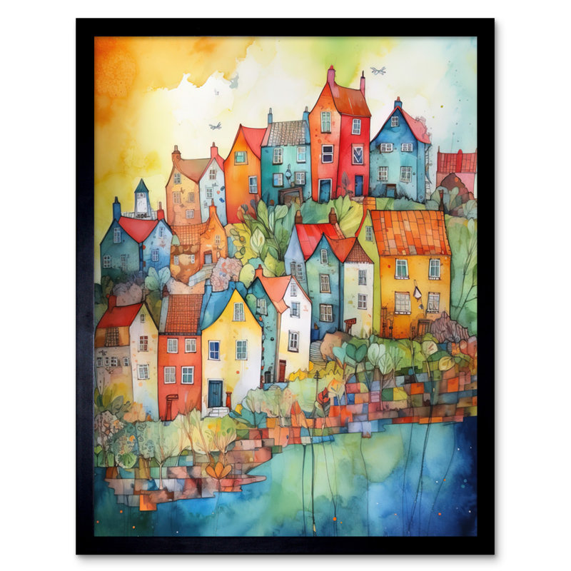 Village Of Manarola Italy Folk Art Artwork Framed Wall Art Print 9X7 Inch