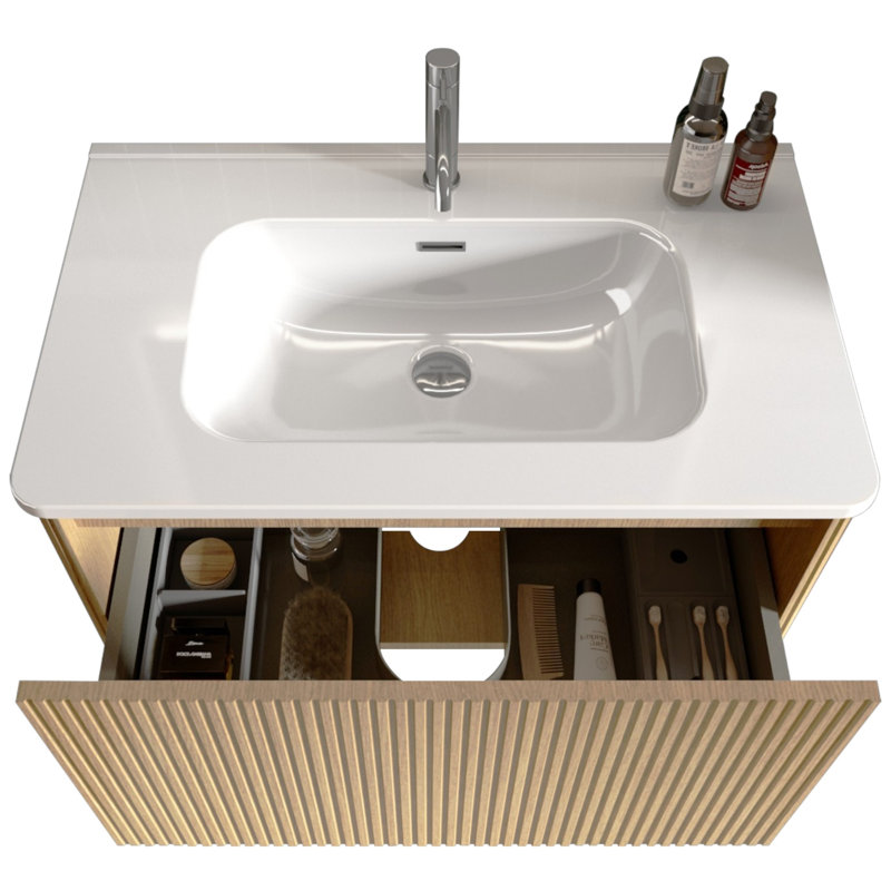 Ensemble de meuble-lavabo mural flottant rayé avec lavabo en céramique blanc pré-assemblé Etna, Chêne