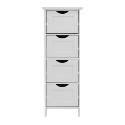 White Bathroom Floor Storage Cabinet With 4 Drawers & Adjustable Shelf: P2 Mdf Modern Organizer