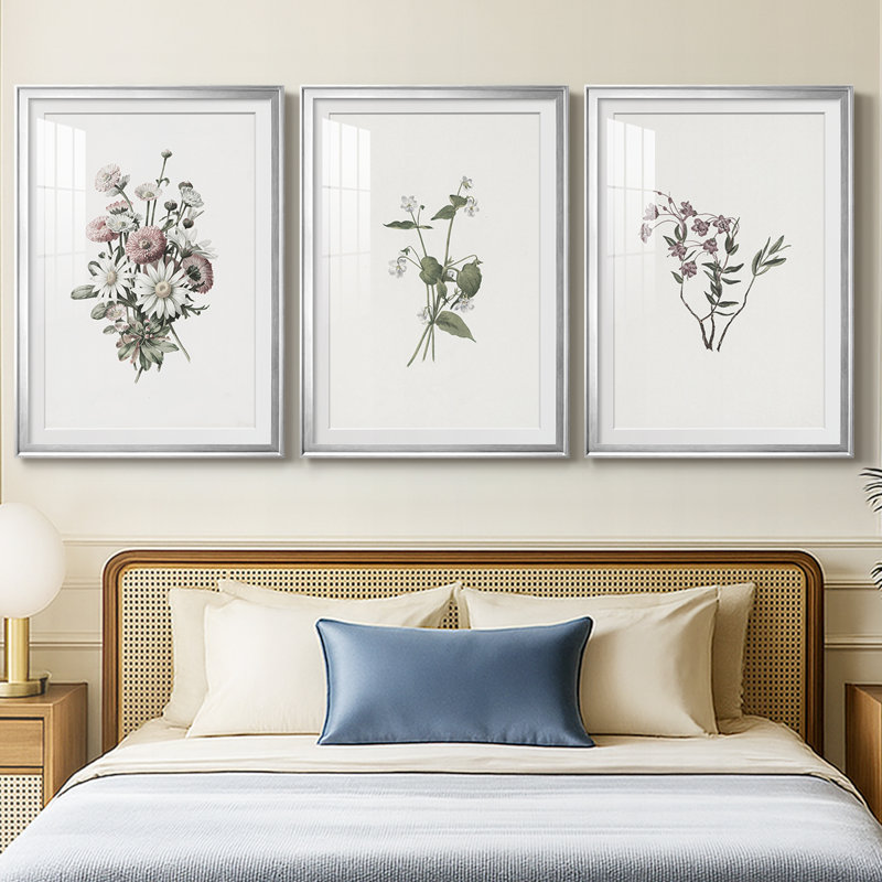 Imprimé floral rétro CCIV - impression encadrée sur mesure de qualité supérieure - 3 pièces, H 15 po x l 19 po, Argent argent