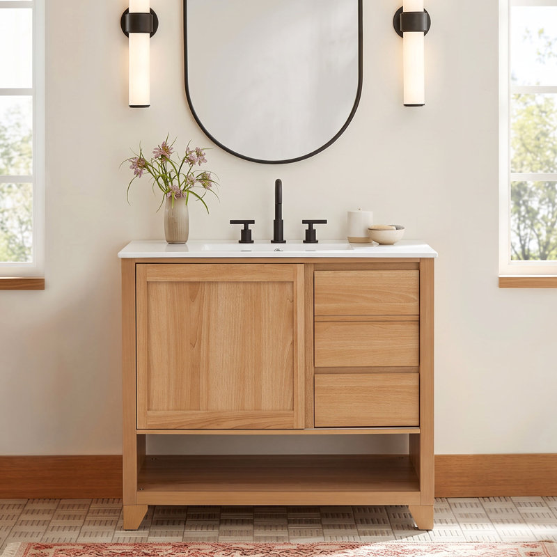 Zoren 36" Wide Modern Wood Bathroom Vanity with Ceramic Sink, Drawers, Sliding Cabinet Door & Open Shelf for Bathroom