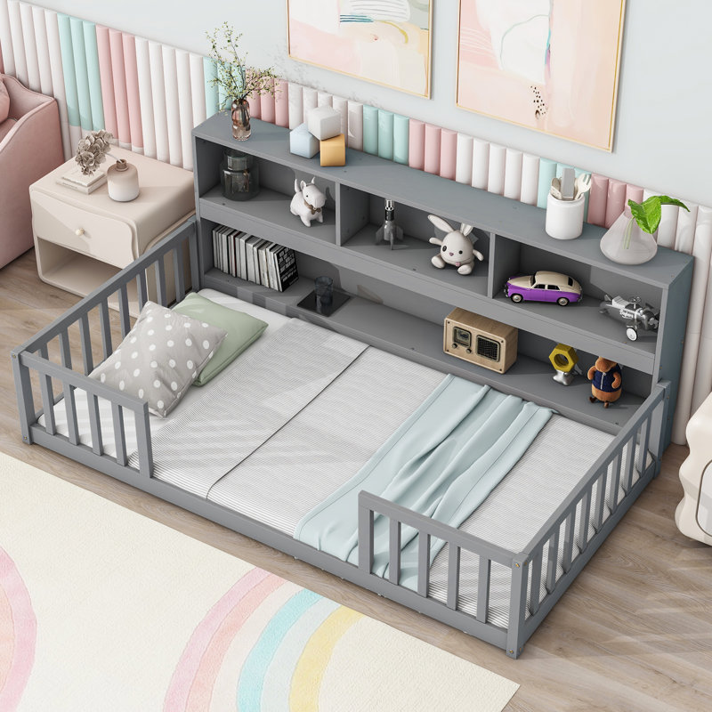 Nook Floor Bed with Bookcase & Guardrails, Gray, Twin
