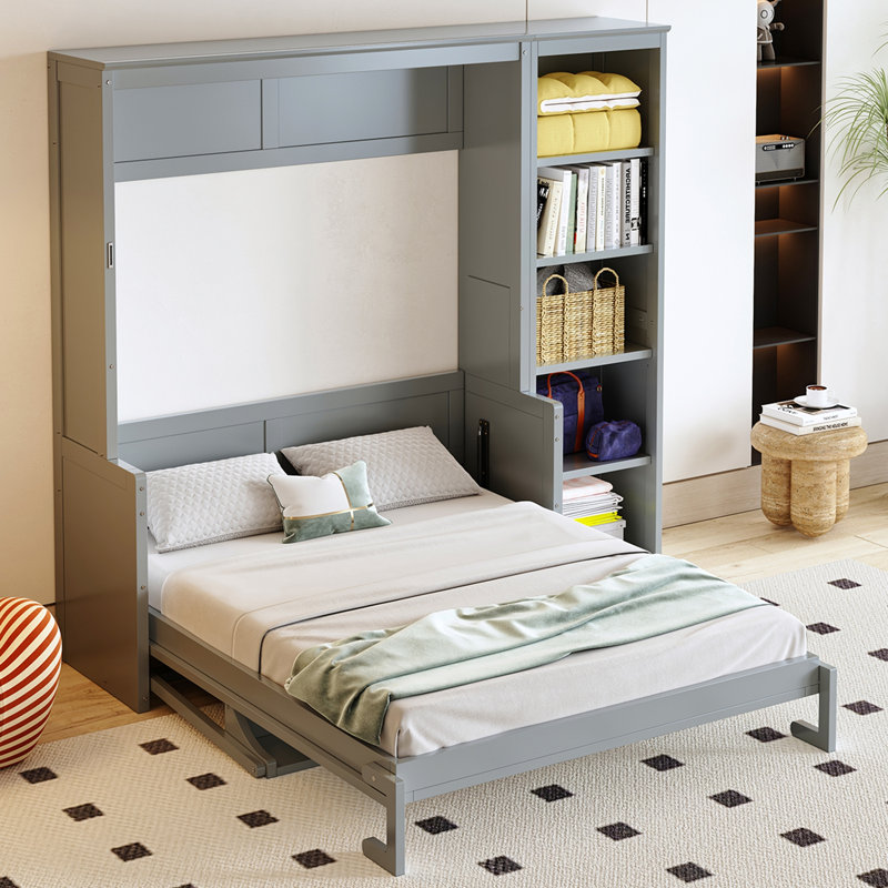 Lit escamotable double avec bureau et bibliothèque, Gris, Lit double