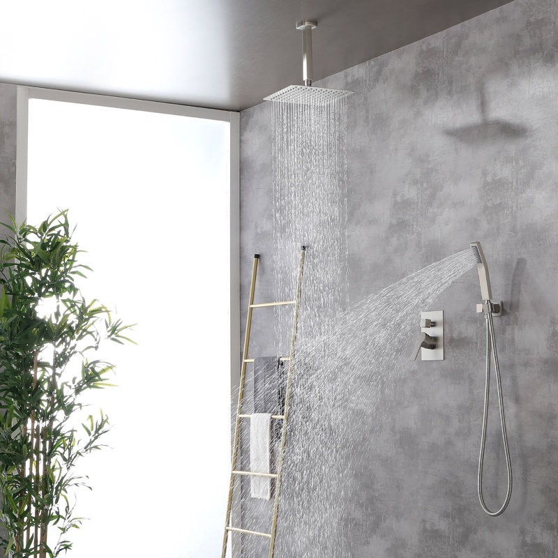 Pomme de douche de luxe à système de douche mural en laiton massif avec valve brute, Nickel brossé