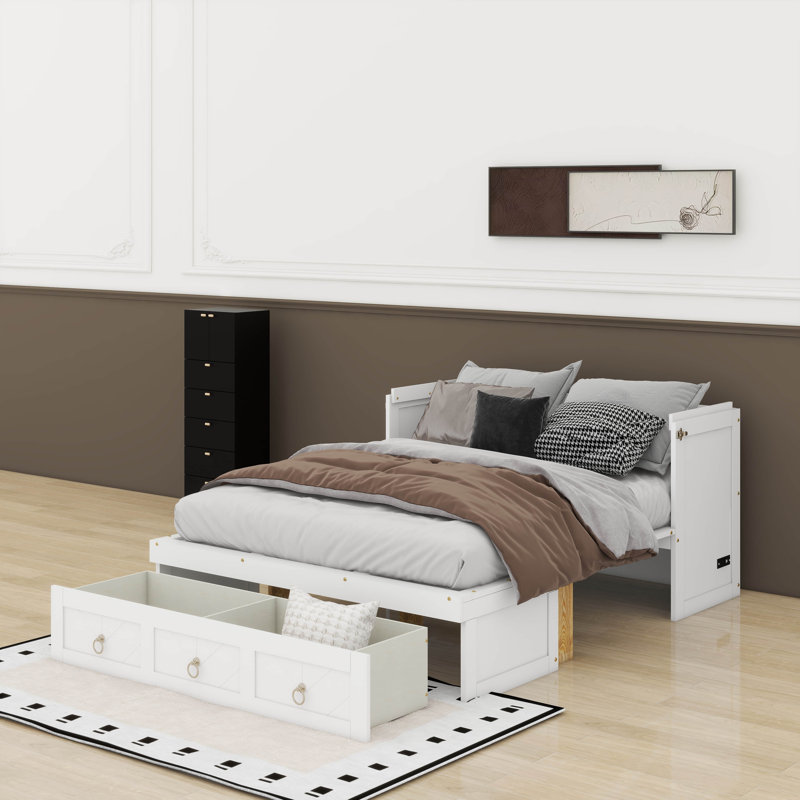Lit escamotable double avec port USB et tiroir, Blanc