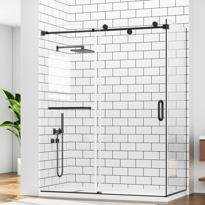Porte de douche d'angle coulissante sans cadre en verre trempé SGCC 3/8 po et 5/16 po, double revêtement nano, acier inoxydable, étanche, noire, dimensions : 122 cm (L) x 81 cm (P) x 193 cm (H).