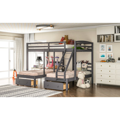 Space Bunk Bed, Gray - Solid Pine Wood And , Drawer Integrated Combined With