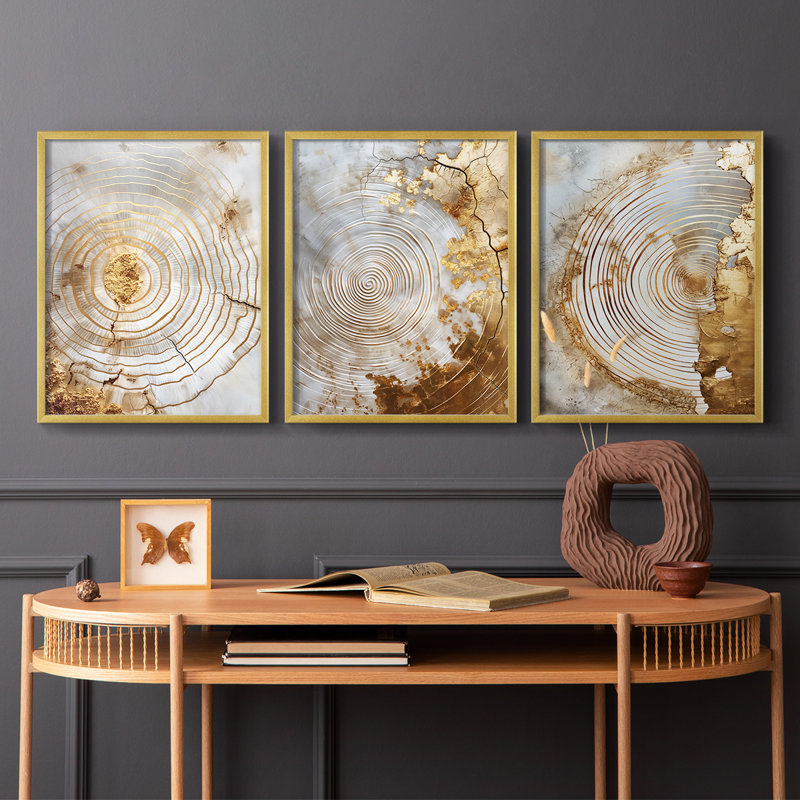 Abstrait, série III, ensemble de 3 estampes numériques, prêt à accrocher, Cadre doré, H 28 po x l 22 po