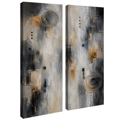 Ensemble de 2 impressions encadrées sur toile, motif géométrique abstrait minimaliste noir, gris et or, 81 x 30 x 5 cm (32 x 12 x 2 pouces).